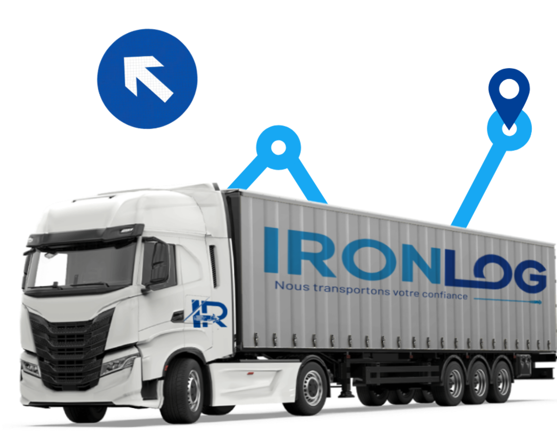 Remorque de transport Ironlog illustrant la rapidité de livraison, le suivi de localisation en temps réel et l’optimisation des trajets pour le transport national et international au Maroc.
